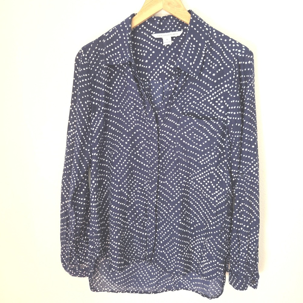 Diane von Furstenberg Navy White Dot Silk Button Down Blouse Size 10